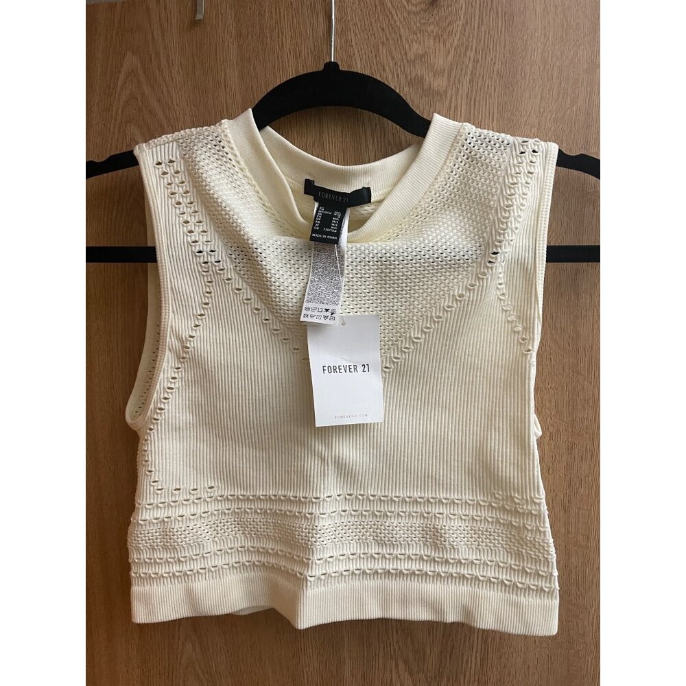Forever 21 Pointelle Knit Crop Top Textured Cream Beige White Sleeveless Size M - Picture 3 of 3